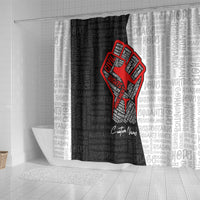 Personalized justice fist shower curtain with bold red emblem and layered word collage