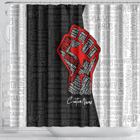 Personalized shower curtain showing a red justice fist over repeating motivational words