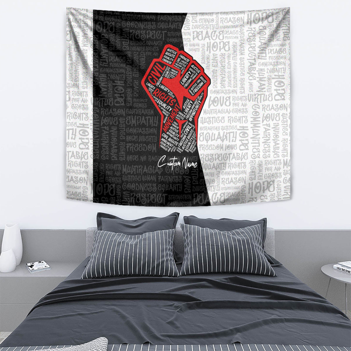 Wall-hanging tapestry with black-and-white text pattern and centered red justice fist