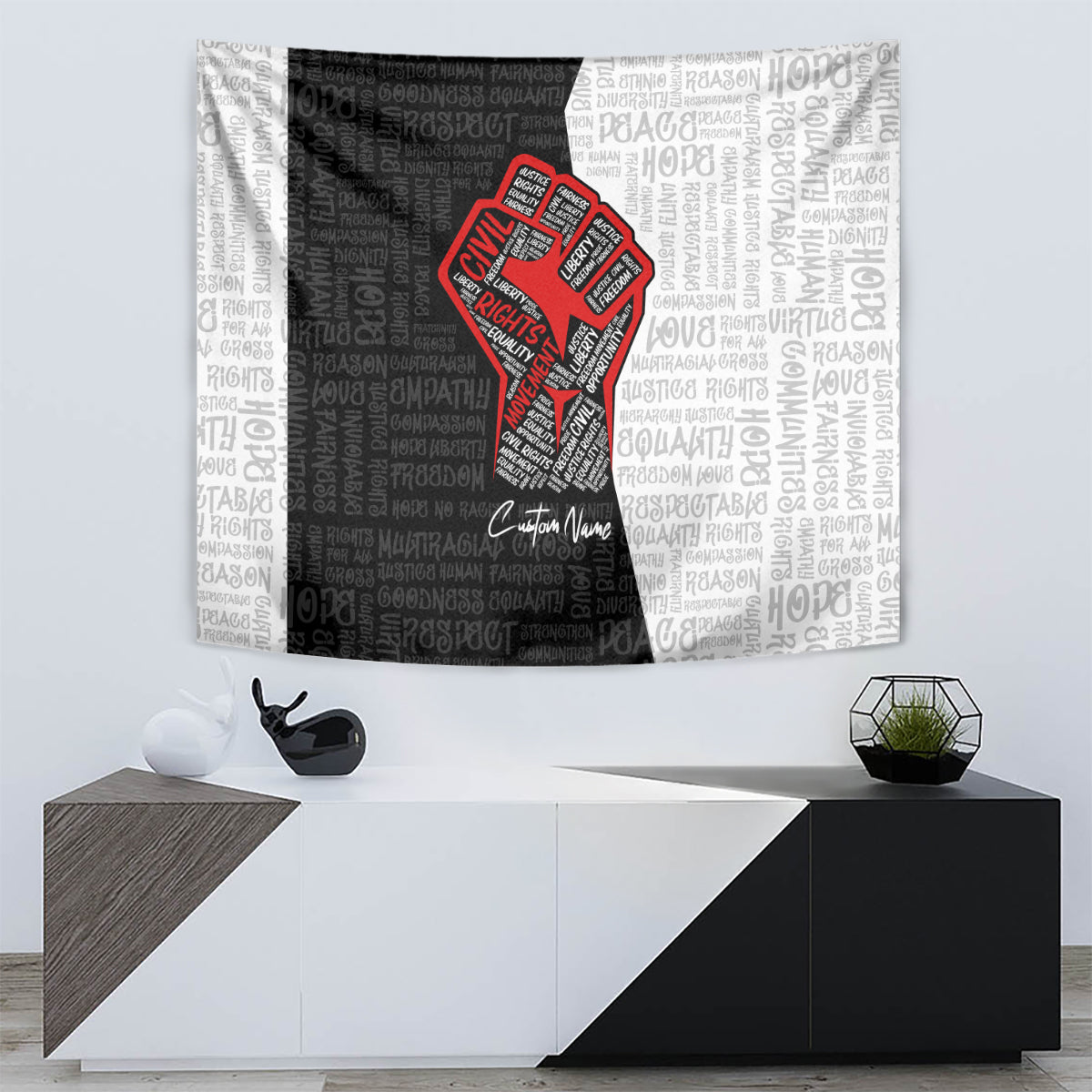 Wall-hanging tapestry with black-and-white text pattern and red raised fist graphic