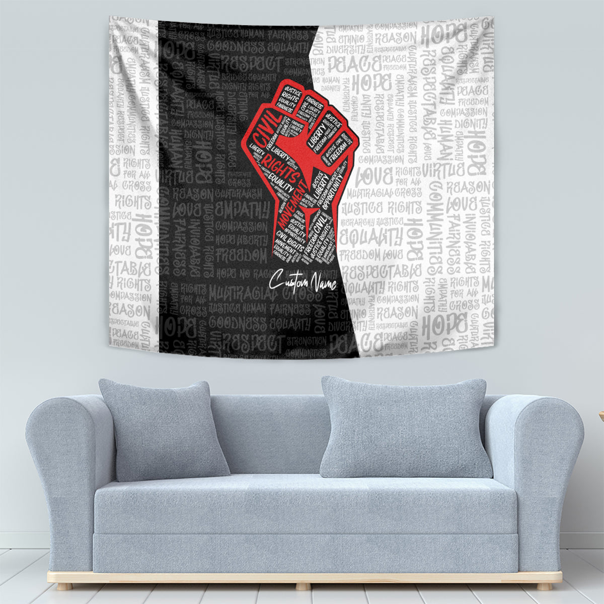 Wall-hanging tapestry with black-and-white typography pattern and red raised fist symbol