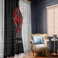 Window curtain with black and white repeating text pattern and red justice fist graphic