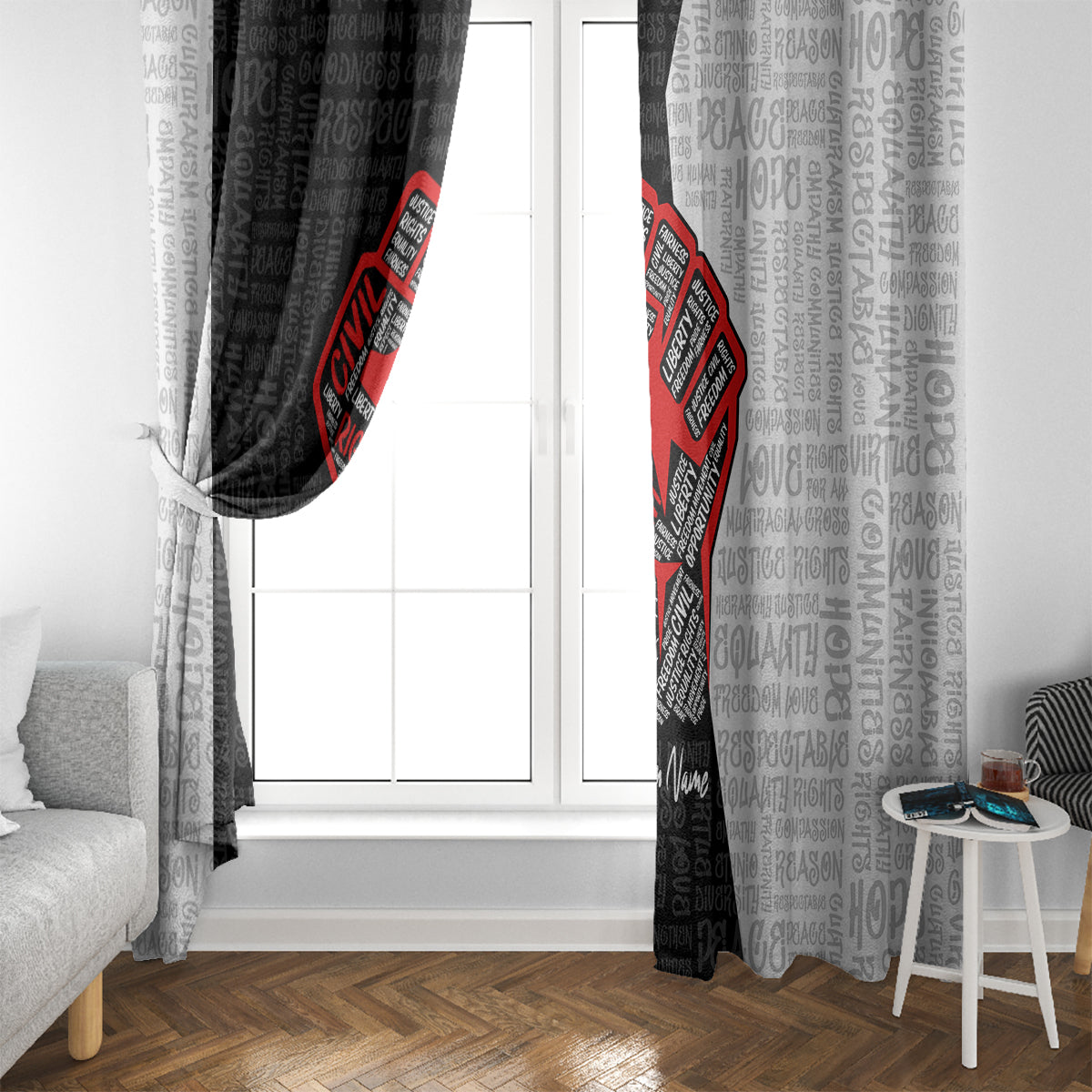 Hanging window curtain with black typography print and red justice fist emblem on gray-white text