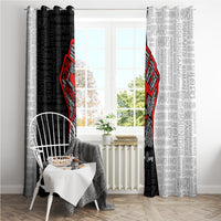 Window curtain set with black-and-white typography print and red justice fist emblem