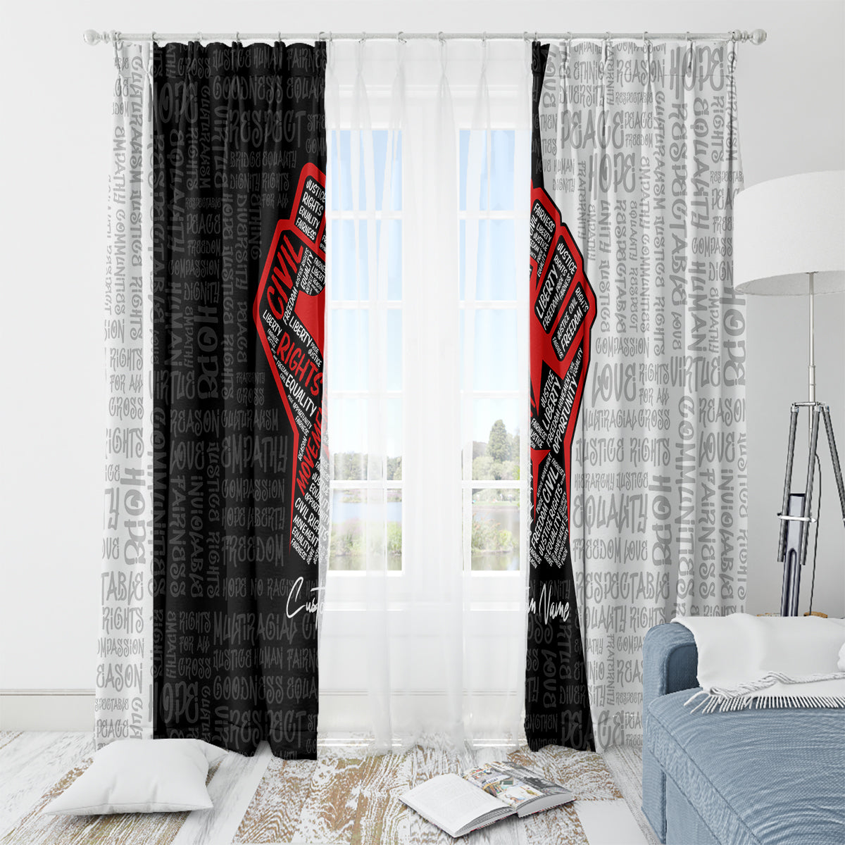 Window curtain panels with black, white, and gray typography background plus red justice fist