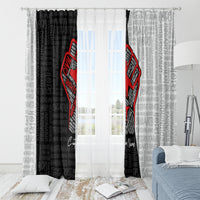 Window curtain panels with black, white, and gray typography background plus red justice fist