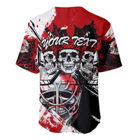 Black and red graphic baseball jersey with back skull trio and hockey mask design