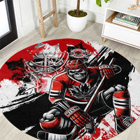 Red, black, and white round hockey graphic area rug with skull and goalie artwork