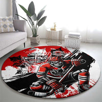 Round hockey graphic area rug in red, black, and white with goalie and skull illustration