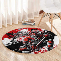 Round red and black hockey graphic area rug with goalie skull, gear, and paint splashes