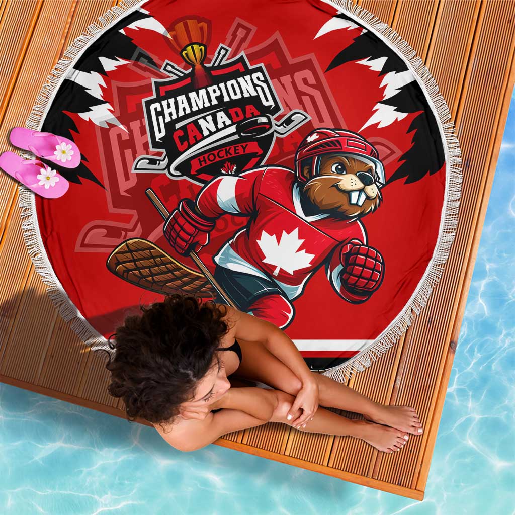 Red round hockey beach blanket with Champions Canada beaver goalie artwork, tassel fringe