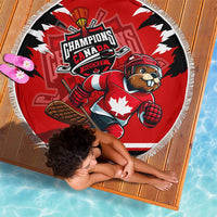 Red round hockey beach blanket with Champions Canada beaver goalie artwork, tassel fringe