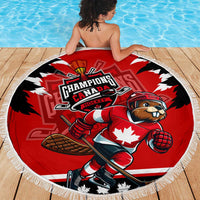 Red round hockey beach blanket featuring Champions Canada hockey beaver design, fringed edge