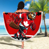 Red round beach blanket with Champions Canada hockey beaver player print, tassel fringe