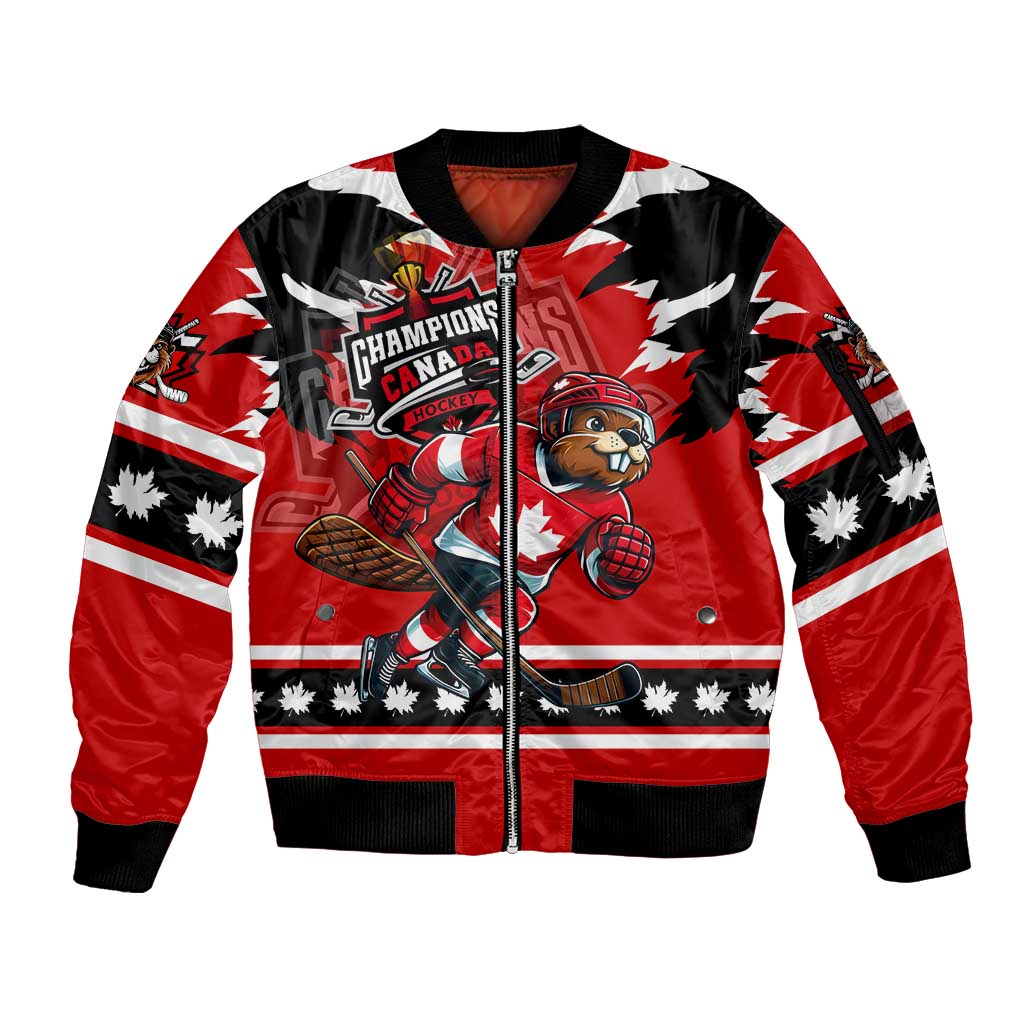 Personalized Champions Canada Hockey Sleeve Zip Bomber Jacket Fierce Beaver on Ice
