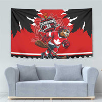Red and black hockey tapestry showing bear hockey player, maple leaf, and wing graphic.