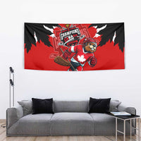Red and black hockey tapestry featuring bear mascot with hockey stick and Champions Canada emblem.