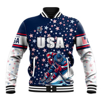 Unisex blue baseball jacket with USA stars graphic and ice hockey player, ribbed collar