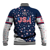 Unisex blue baseball jacket, back stars and USA lettering, gray sleeves, ribbed hem