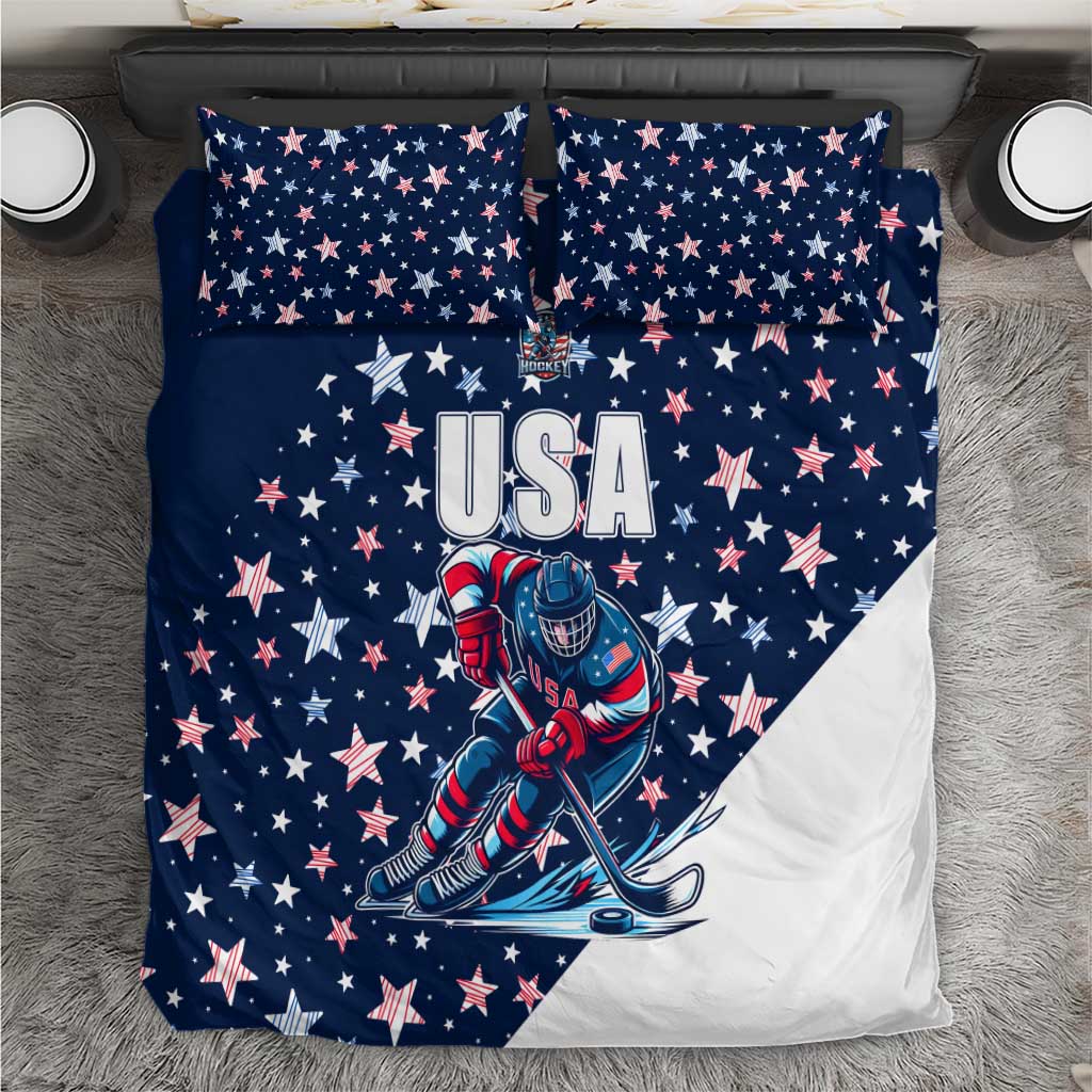 Blue starry USA hockey duvet set with “USA” text, astronaut graphic, and two pillow covers