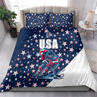 Blue USA hockey-themed bedding set with star pattern, “USA” lettering, and white accent panel