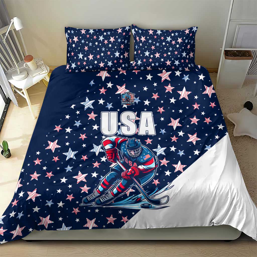 Blue starry USA hockey-themed bedding set with matching pillow covers and white panel