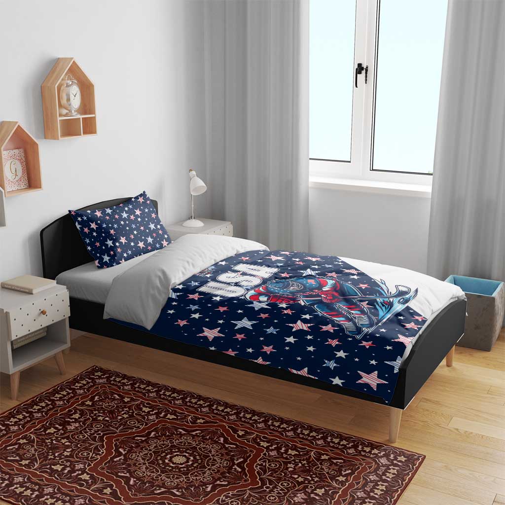 Blue USA hockey-themed duvet with stars and “USA” text, plus two coordinating pillow covers