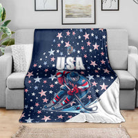 USA ice hockey blanket on gray sofa, navy stars pattern with USA hockey player art