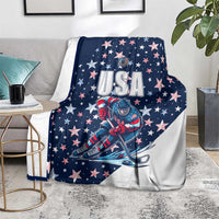 USA ice hockey blanket, navy with red-white stars and USA hockey player graphic