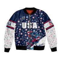 Navy unisex bomber jacket with USA stars print, hockey player graphic, full zipper, striped sleeves