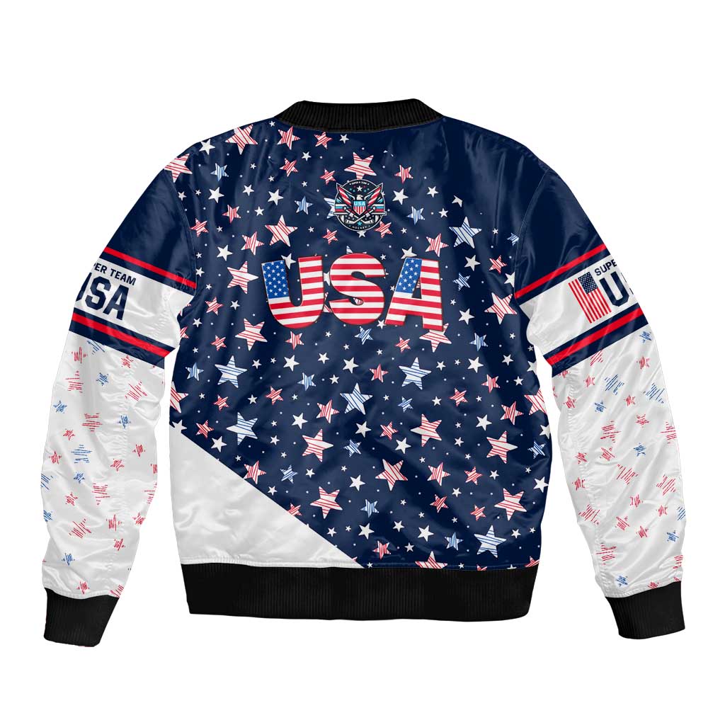 Navy unisex bomber jacket, stars and USA lettering all over, white panel accents, ribbed hem