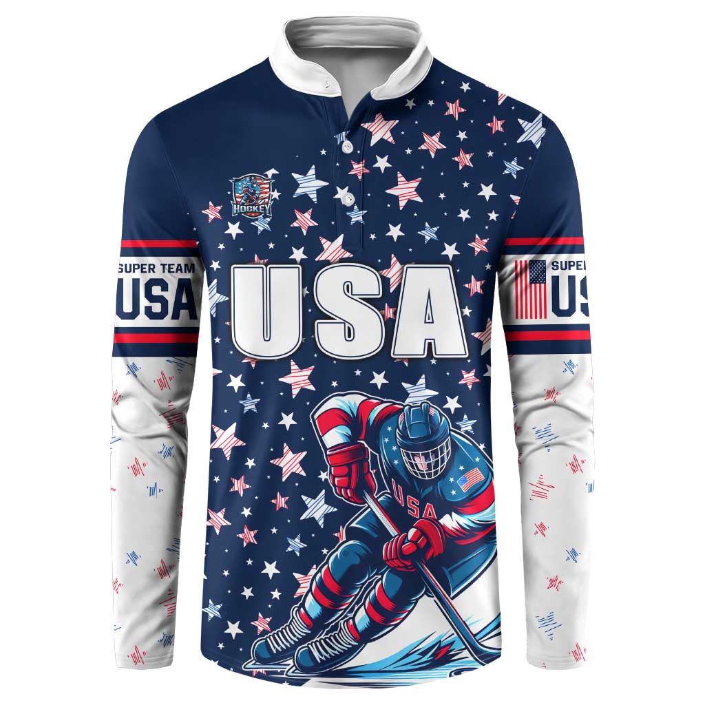 Blue button sweatshirt with USA chest print, hockey player graphic, and white sleeves.