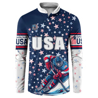 Blue button sweatshirt with USA chest print, hockey player graphic, and white sleeves.