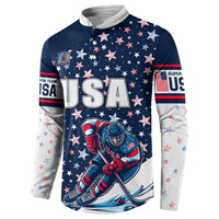 Navy button sweatshirt with USA front text, hockey goalie graphic, and white sleeve bands.