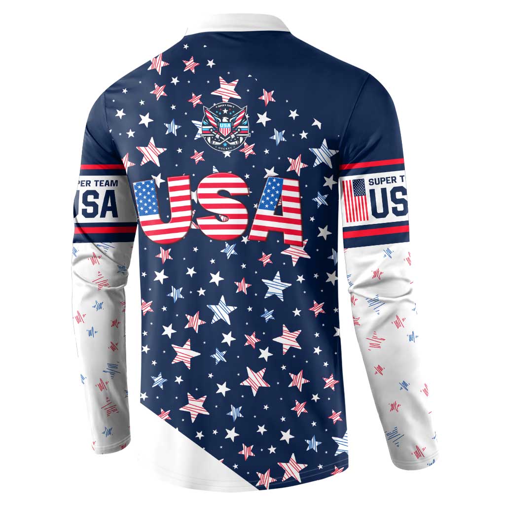 Blue button sweatshirt with large USA back print, star pattern, and white sleeve graphics.