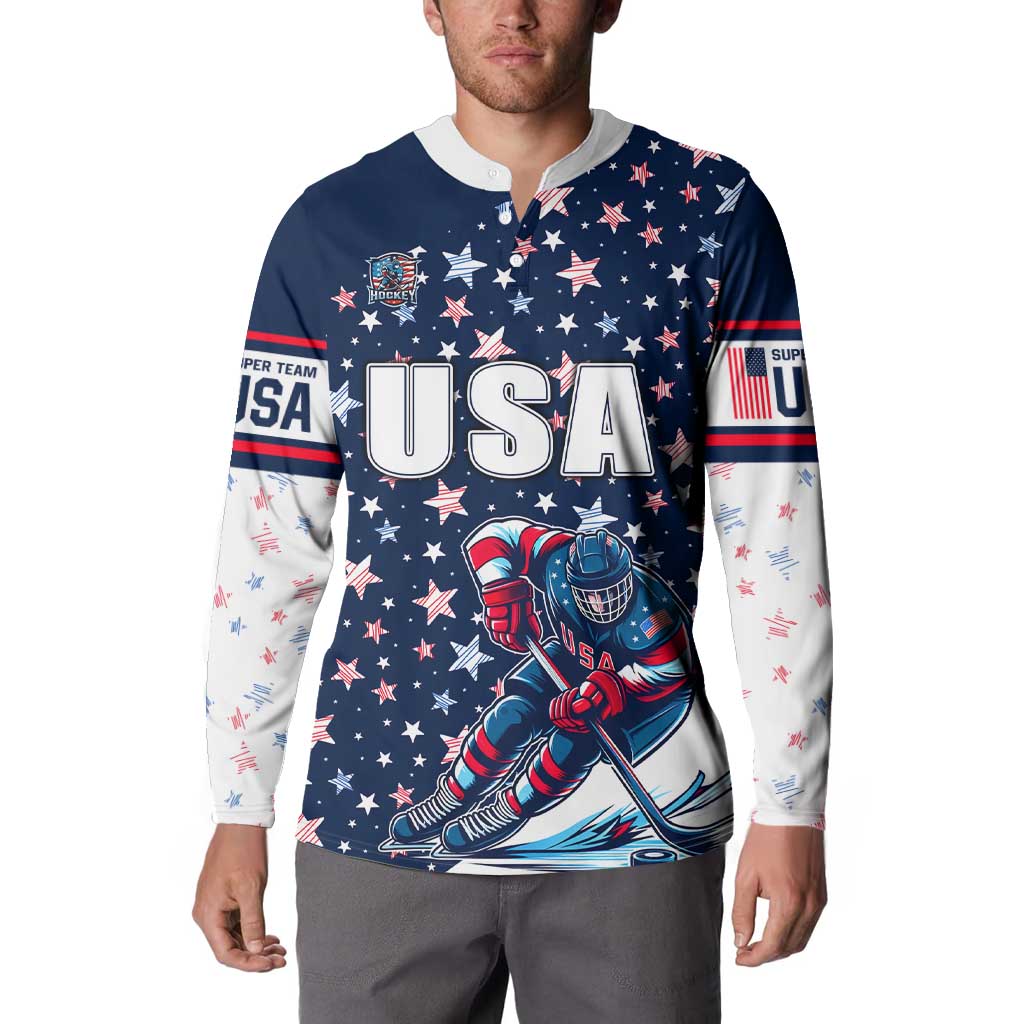 Blue button sweatshirt on model with USA text and hockey goalie artwork, plus white sleeves.