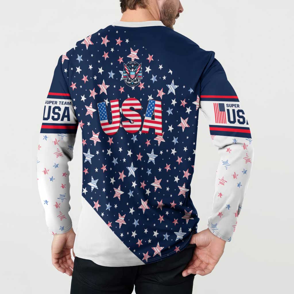 Blue button sweatshirt with USA back graphic and white star-and-flag sleeves.