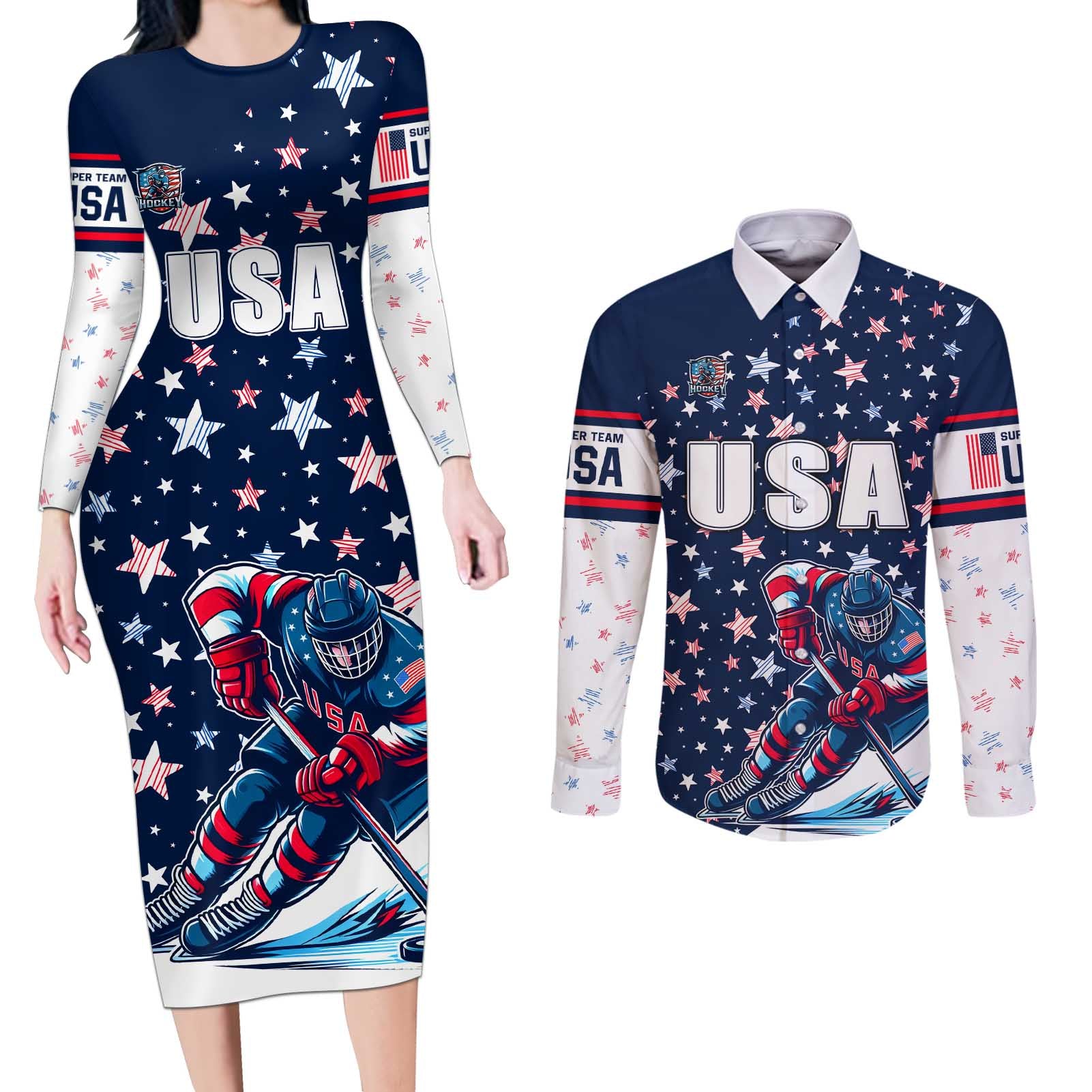 USA Hockey Couples Matching Long Sleeve Bodycon Dress and Long Sleeve Button Shirt Summer Paris 2024 - Wonder Print Shop