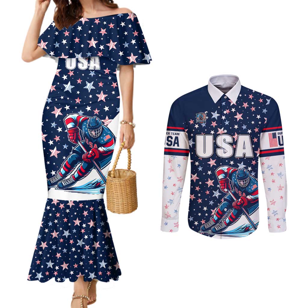 USA Hockey Couples Matching Mermaid Dress and Long Sleeve Button Shirt Summer Paris 2024