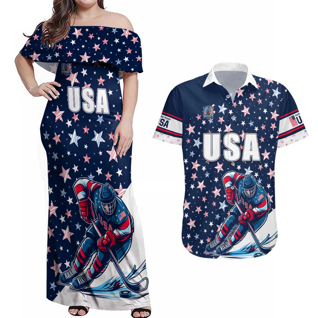 USA Hockey Couples Matching Off Shoulder Maxi Dress and Hawaiian Shirt Summer Paris 2024 - Wonder Print Shop