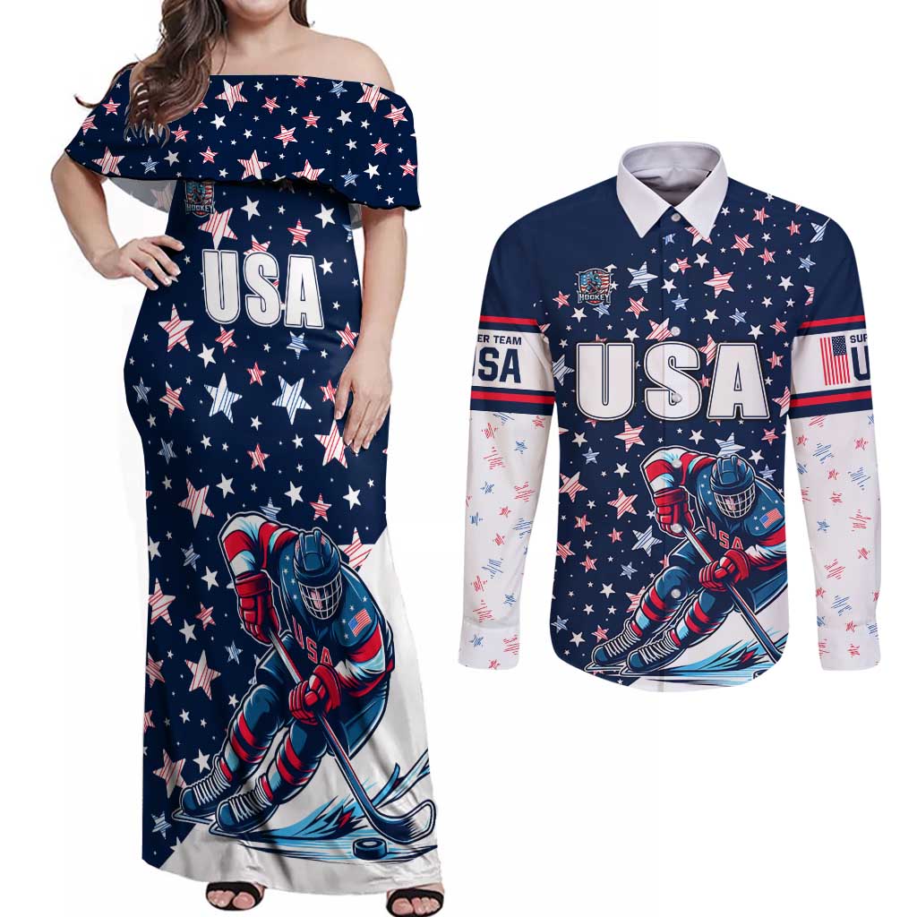 USA Hockey Couples Matching Off Shoulder Maxi Dress and Long Sleeve Button Shirt Summer Paris 2024 - Wonder Print Shop