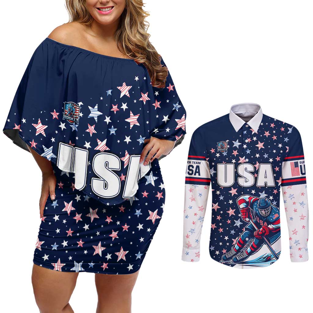 USA Hockey Couples Matching Off Shoulder Short Dress and Long Sleeve Button Shirt Summer Paris 2024 - Wonder Print Shop