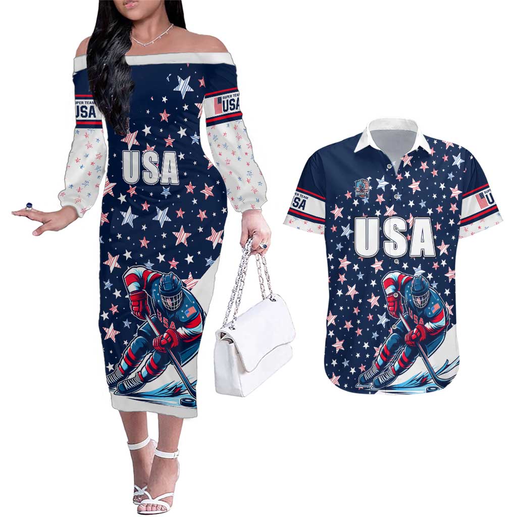 USA Hockey Couples Matching Off The Shoulder Long Sleeve Dress and Hawaiian Shirt Summer Paris 2024 - Wonder Print Shop