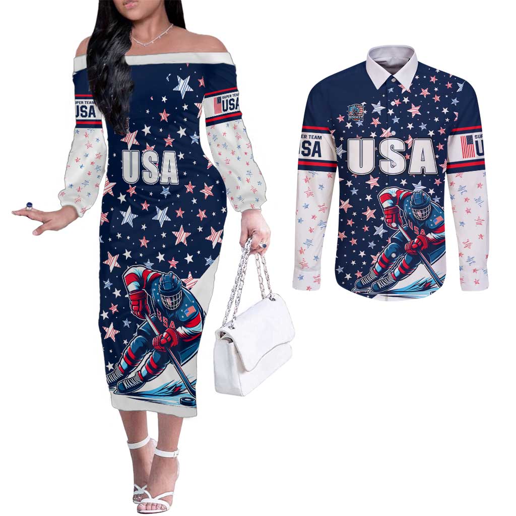 USA Hockey Couples Matching Off The Shoulder Long Sleeve Dress and Long Sleeve Button Shirt Summer Paris 2024