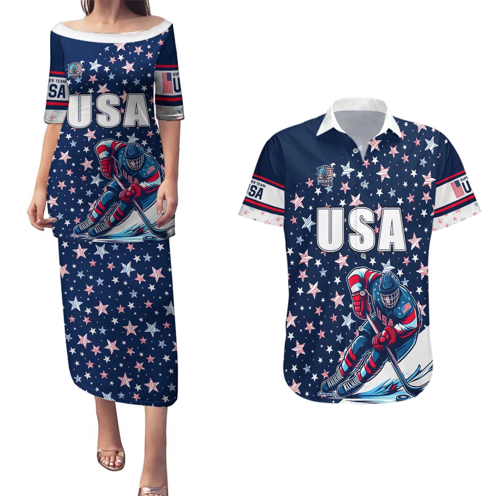 USA Hockey Couples Matching Puletasi and Hawaiian Shirt Summer Paris 2024 - Wonder Print Shop