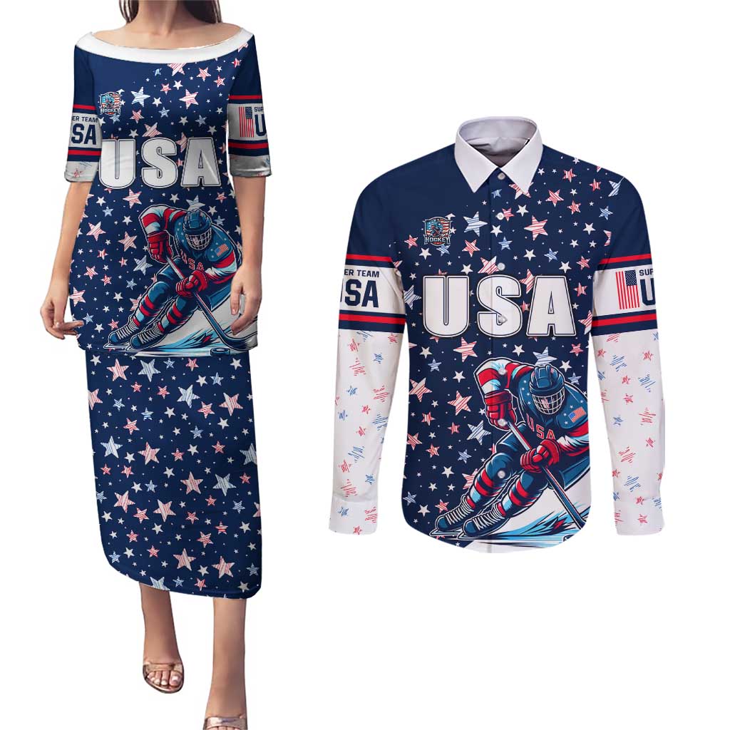 USA Hockey Couples Matching Puletasi and Long Sleeve Button Shirt Summer Paris 2024 - Wonder Print Shop