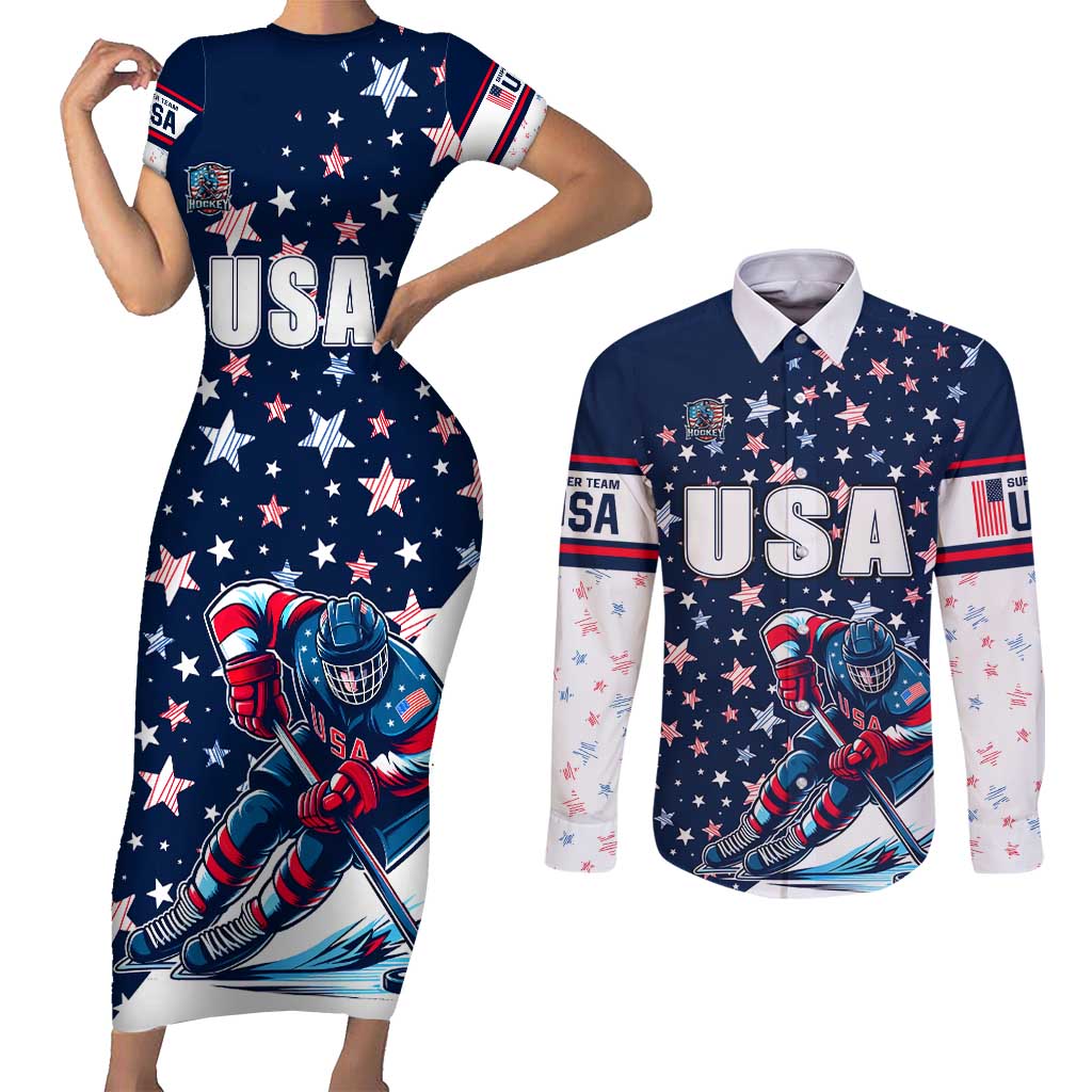 USA Hockey Couples Matching Short Sleeve Bodycon Dress and Long Sleeve Button Shirt Summer Paris 2024 - Wonder Print Shop