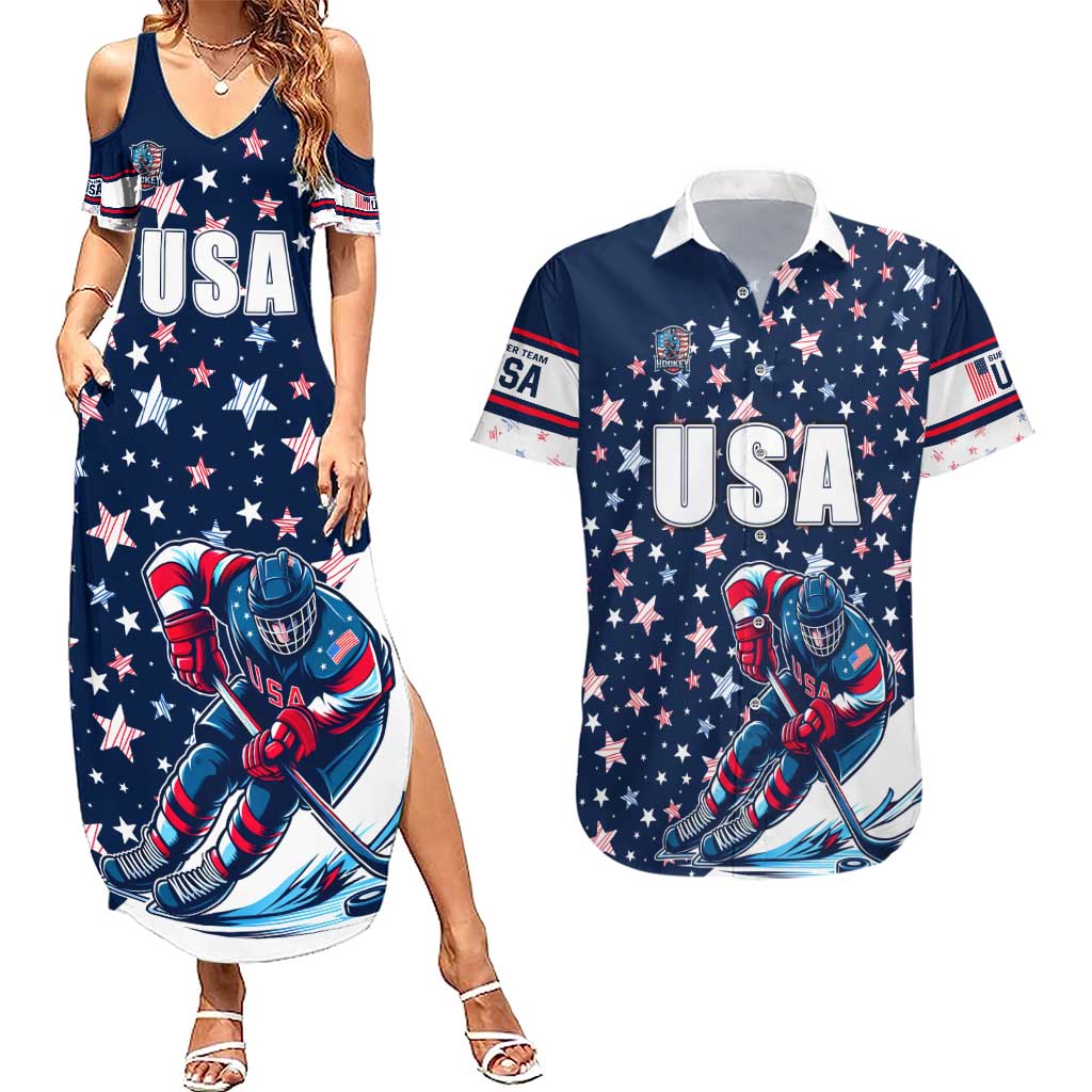 USA Hockey Couples Matching Summer Maxi Dress and Hawaiian Shirt Summer Paris 2024 - Wonder Print Shop