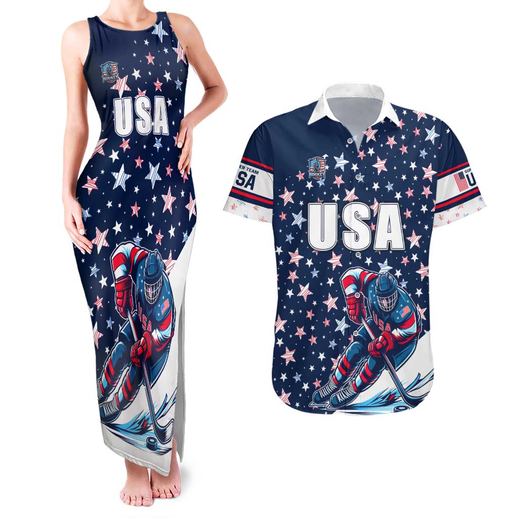 USA Hockey Couples Matching Tank Maxi Dress and Hawaiian Shirt Summer Paris 2024 - Wonder Print Shop