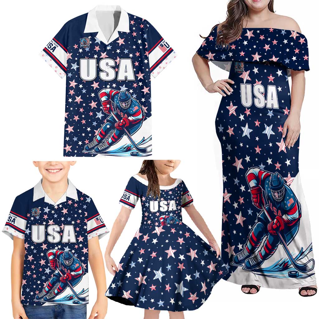 USA Hockey Family Matching Off Shoulder Maxi Dress and Hawaiian Shirt Summer Paris 2024 - Wonder Print Shop